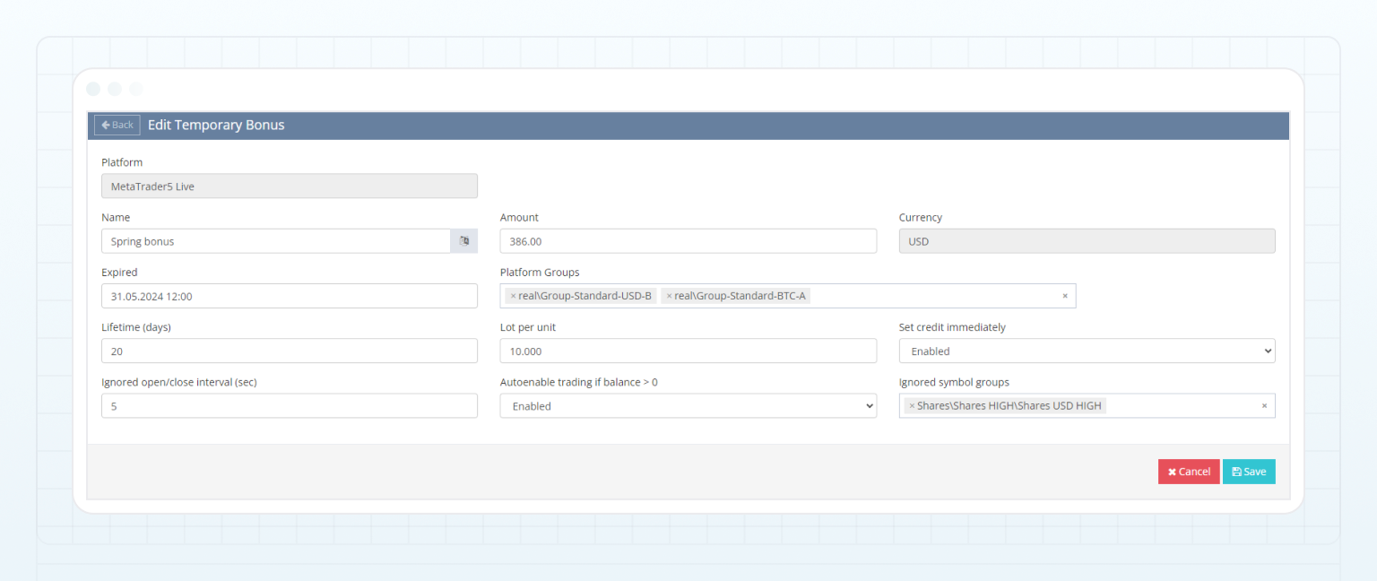 The settings of a temporary bonus program
