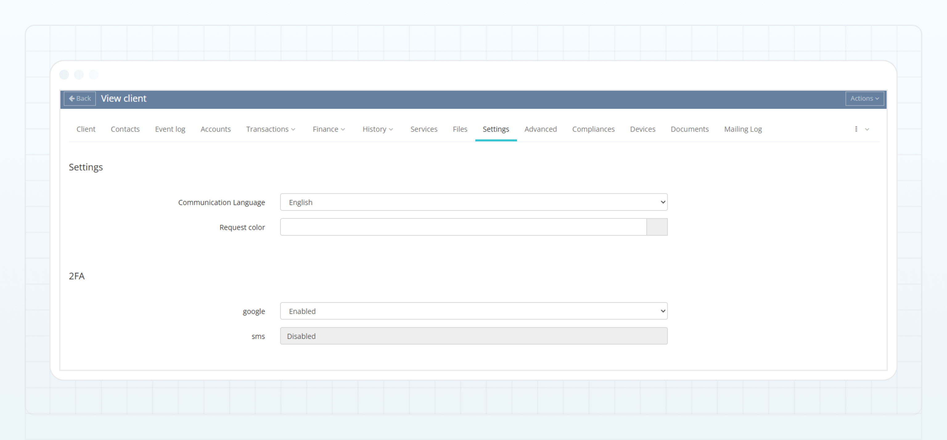 2FA section in client details