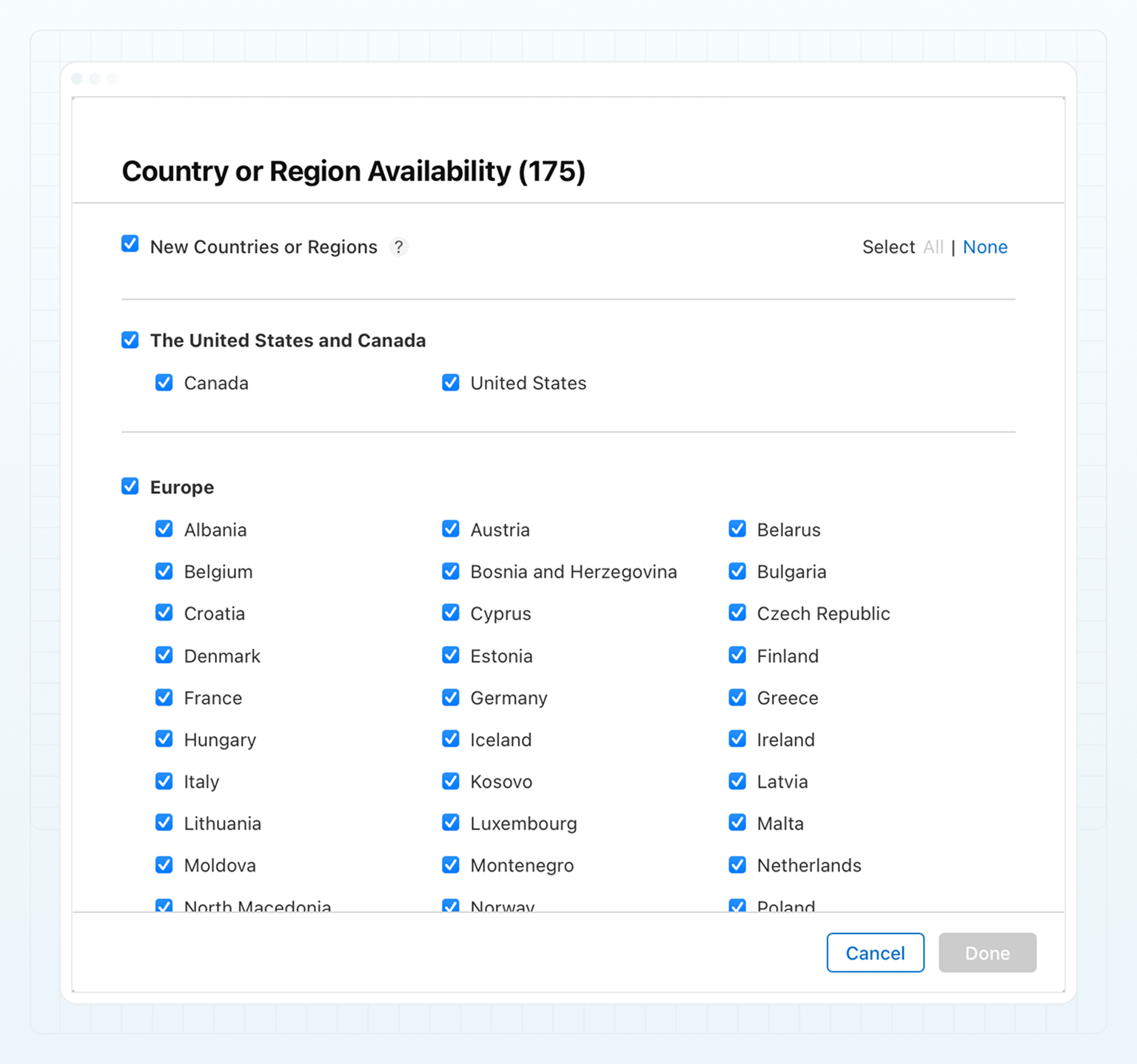 App Store Connect — Country and Region Availability