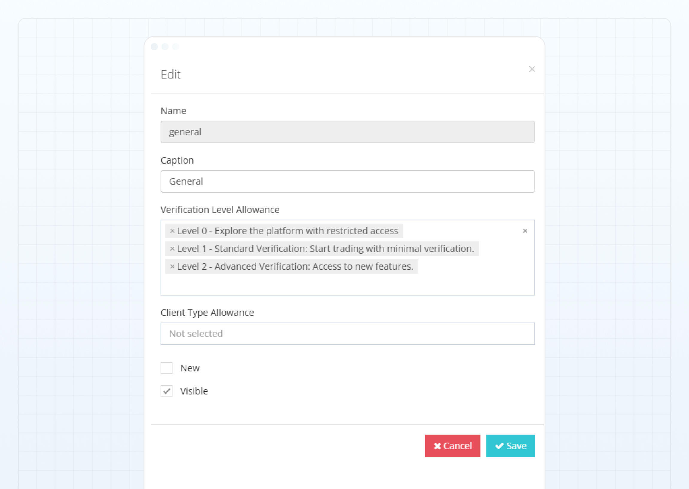 Verification level and client type restrictions for the main menu