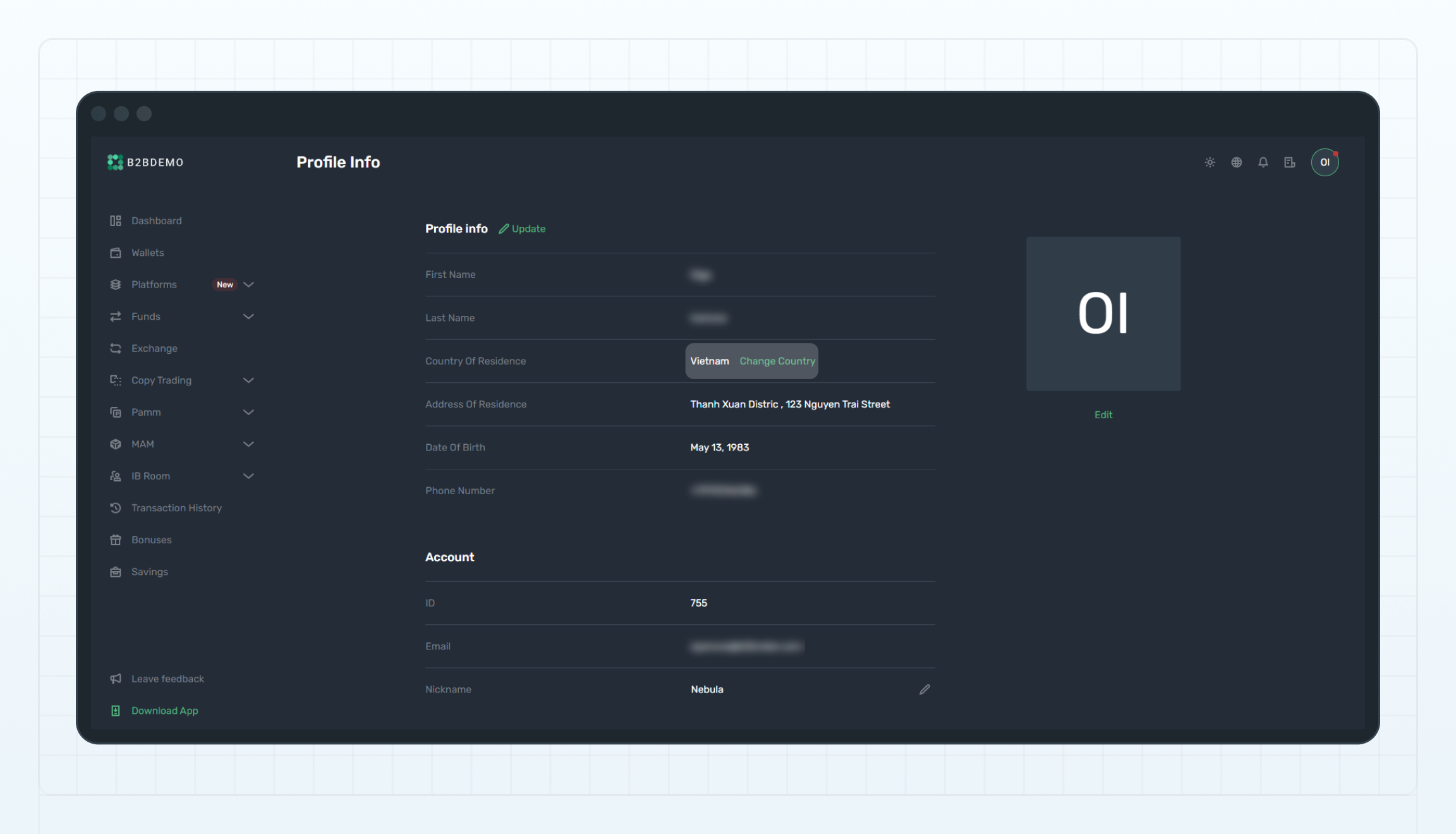 Update country and address details