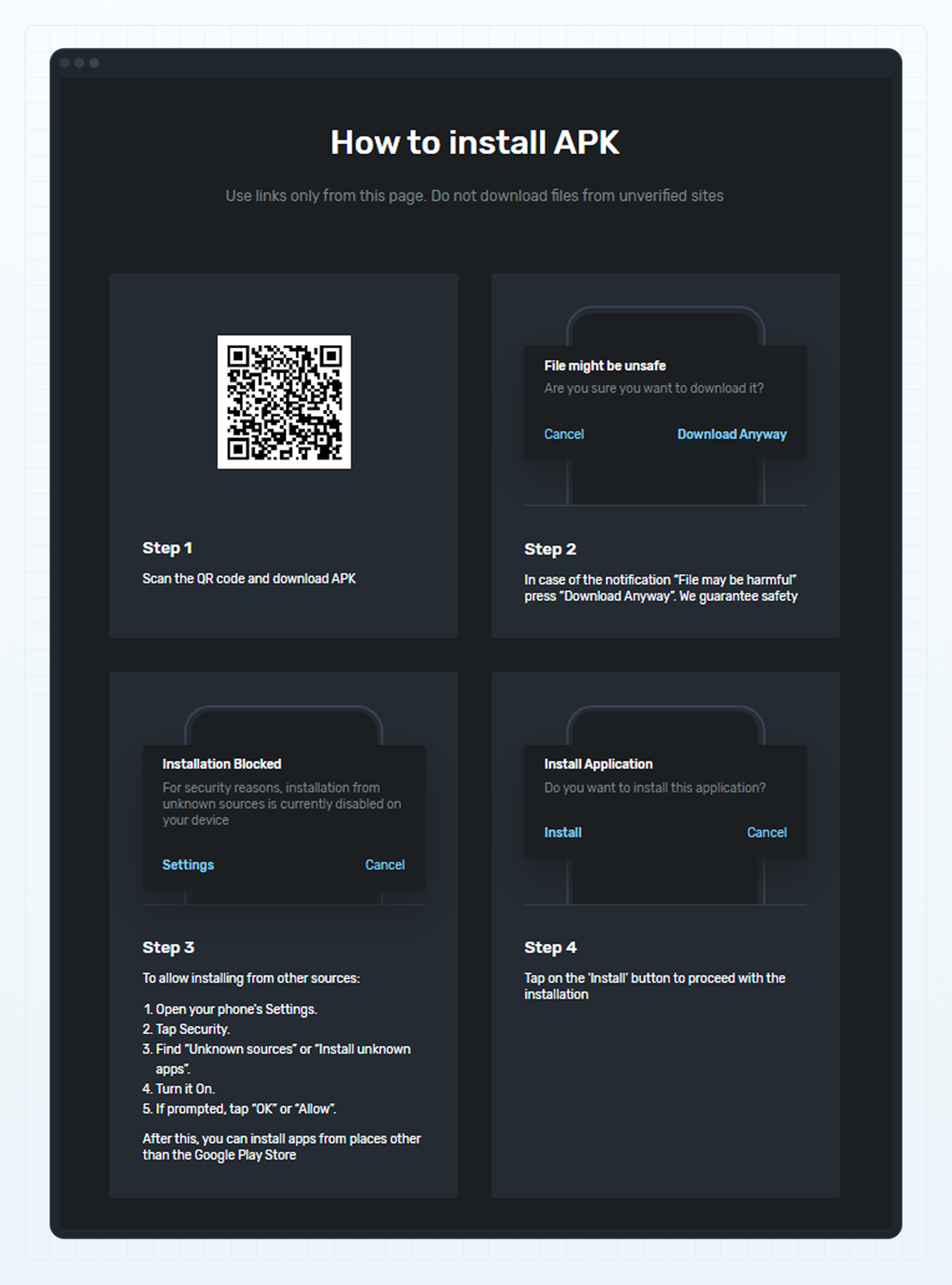 The Android APK installation steps
