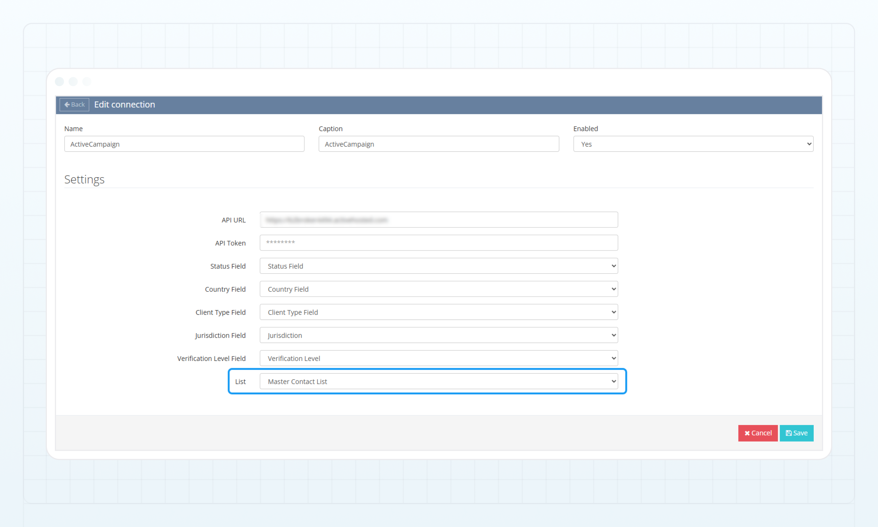 Select the ActiveCampaign list to sync clients from B2CORE
