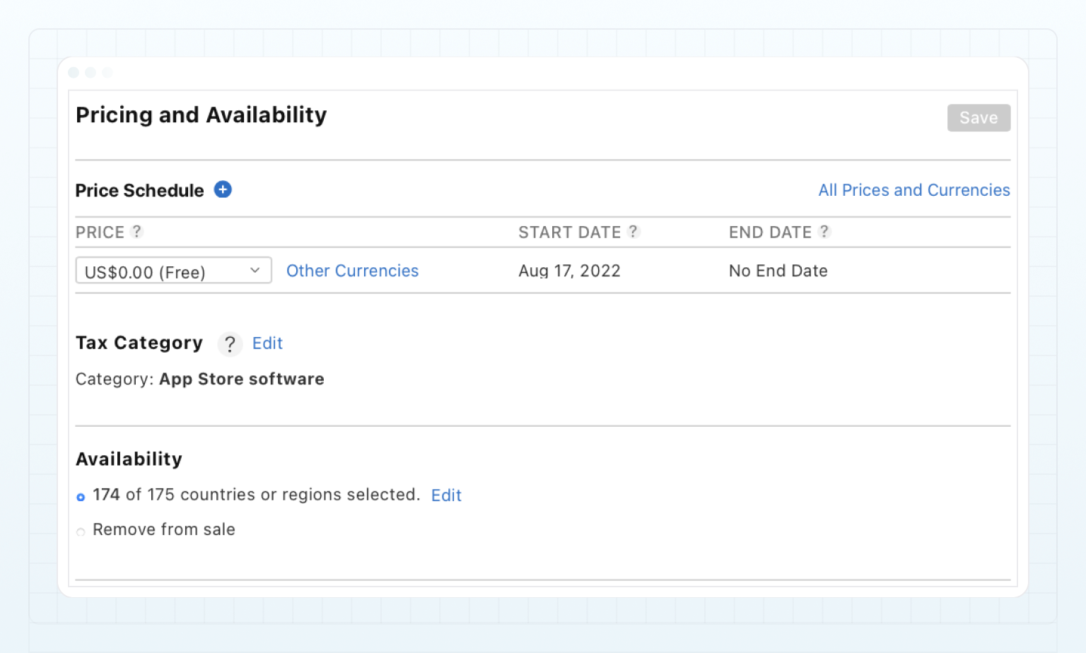 App Store Connect — Pricing and Availability