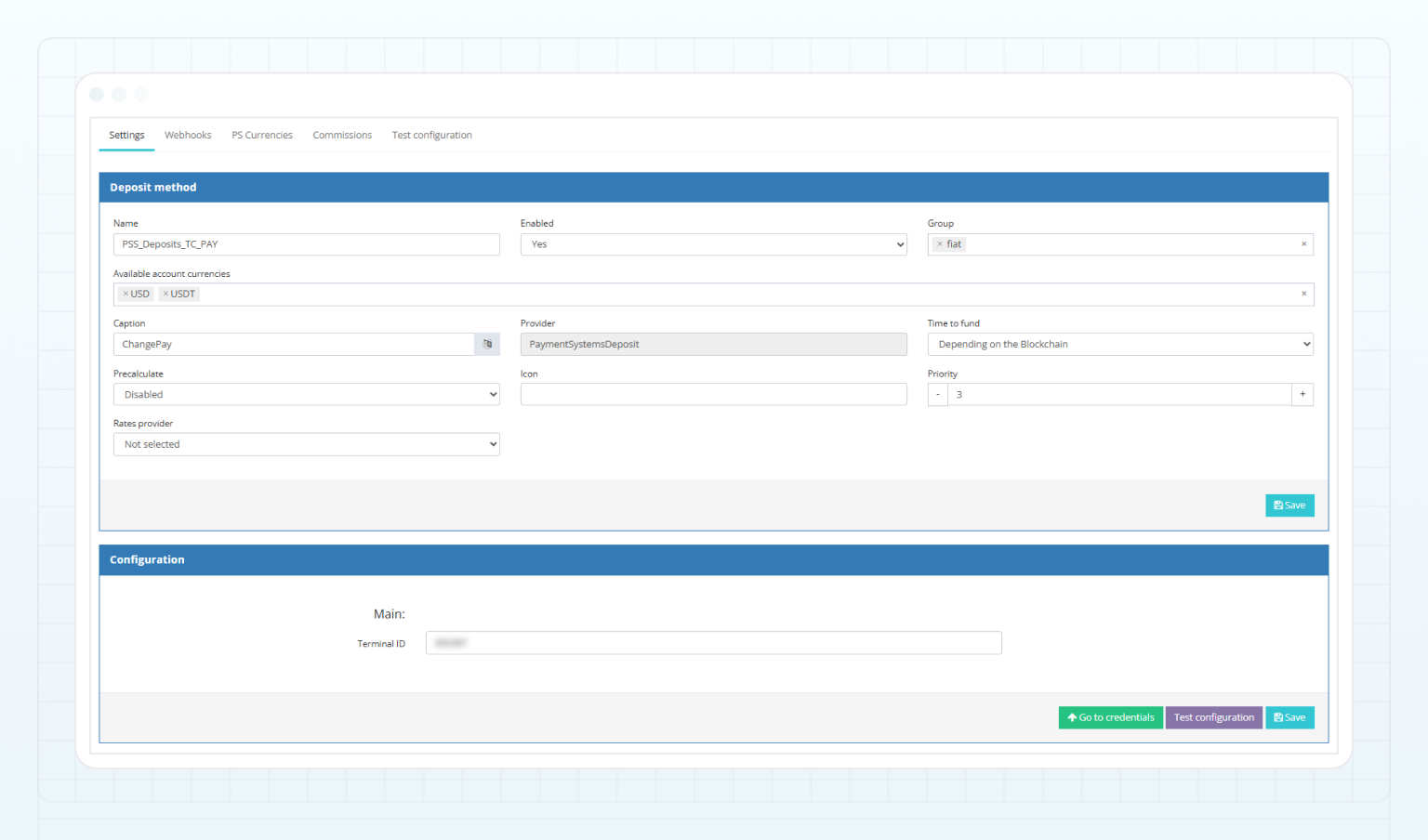 TC Pay deposit method — Settings tab