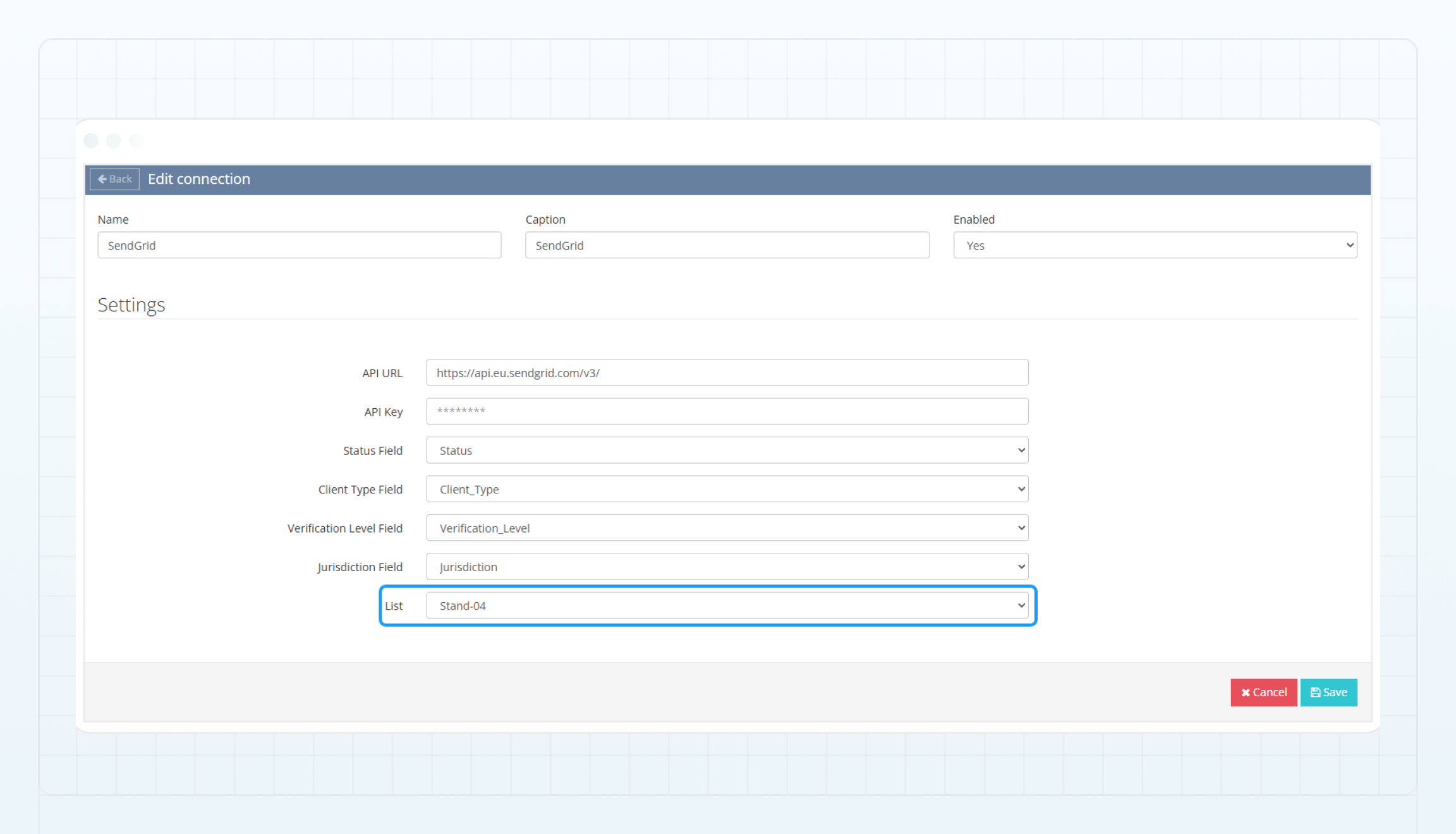 Select the SendGrid list to sync clients from B2CORE