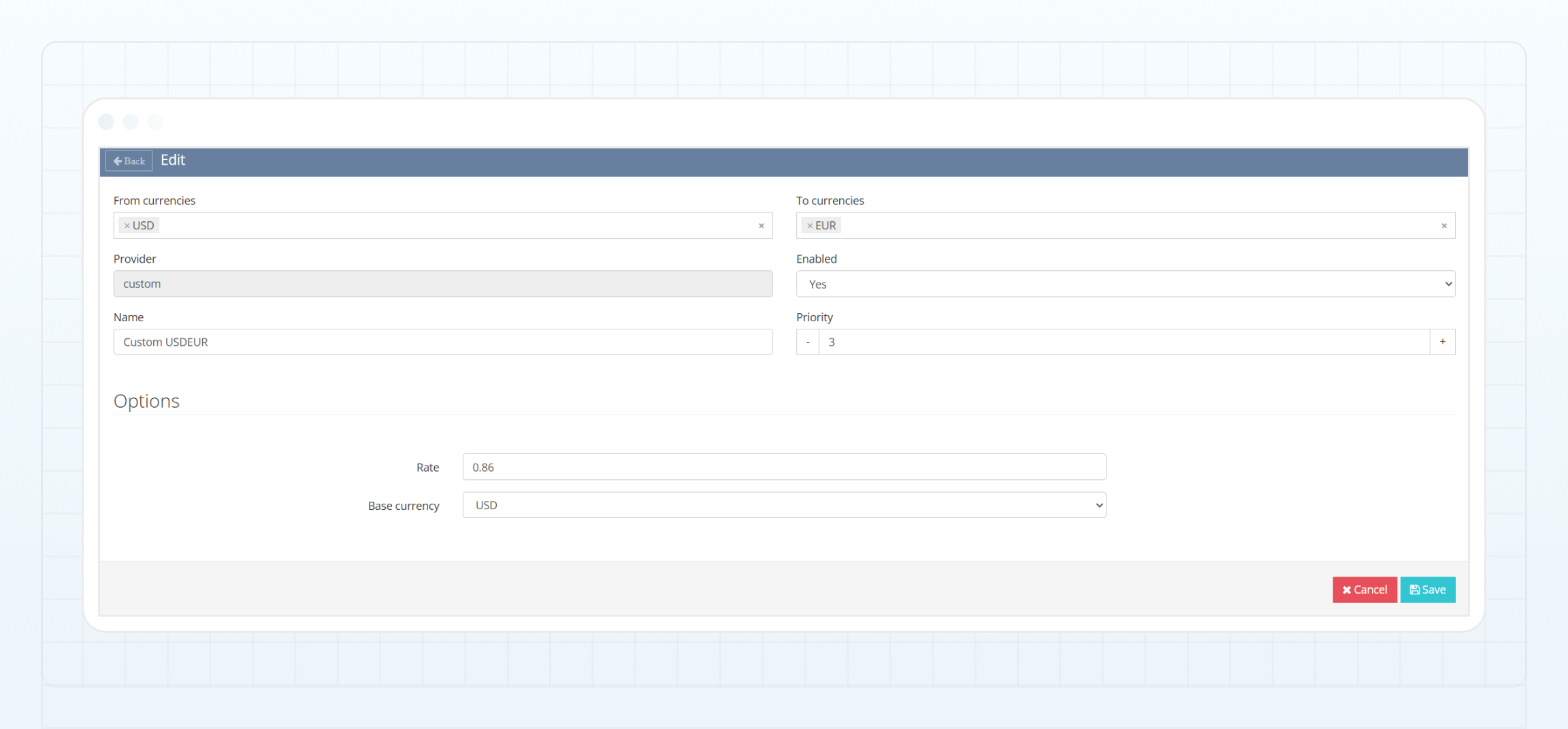 Custom exchange rate settings