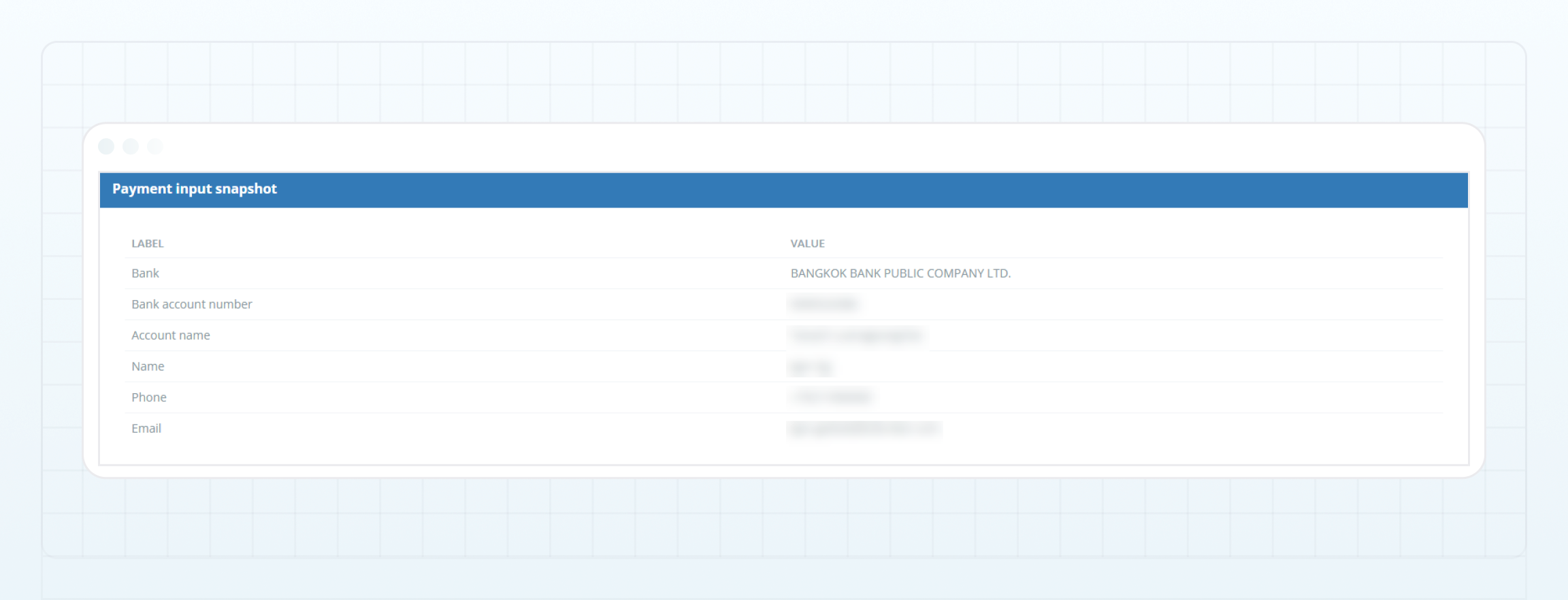 Payment input snapshot