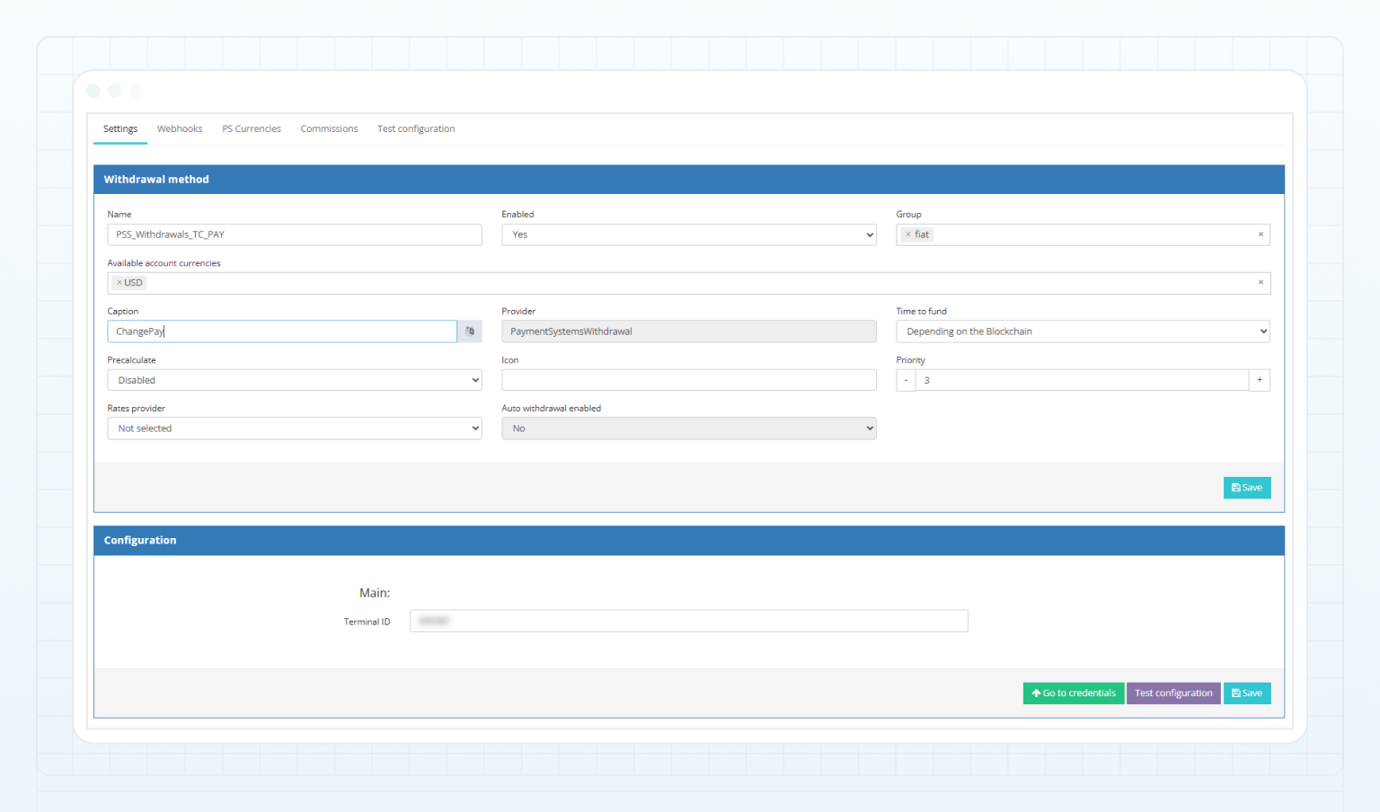 TC Pay withdrawal method — Settings tab