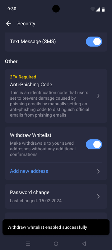Withdrawal whitelists in the app