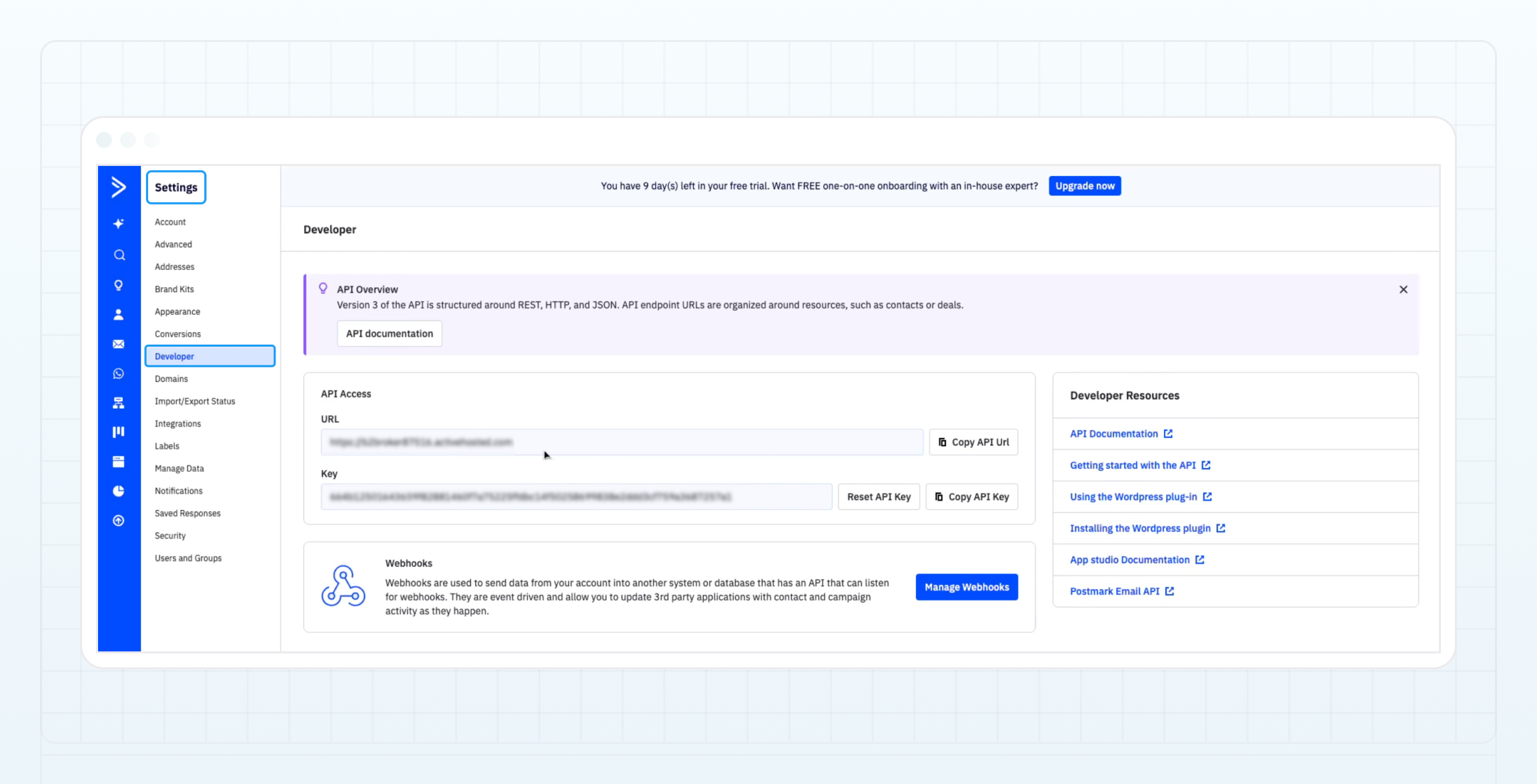 Locate the URL and Key fields in ActiveCampaign