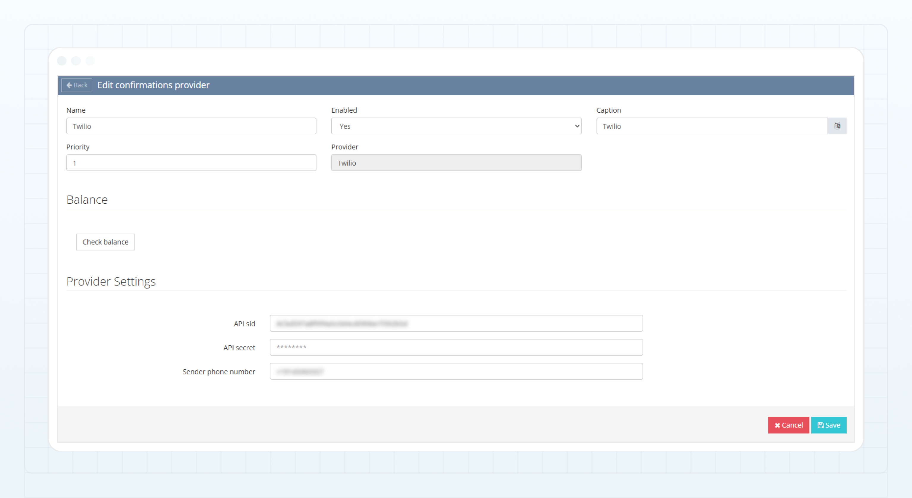 Twilio provider settings