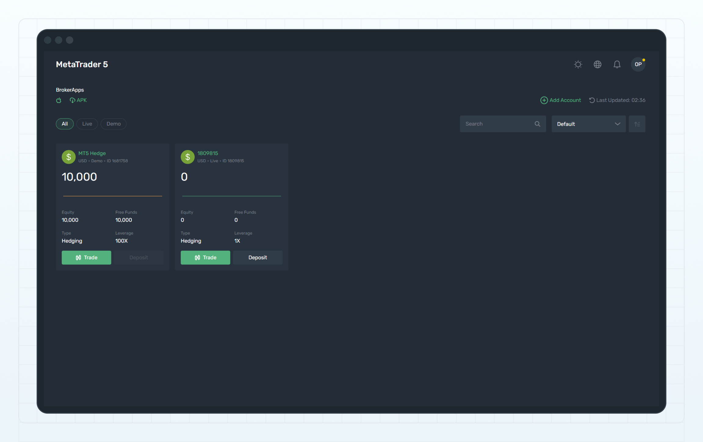 The Trade button on account cards