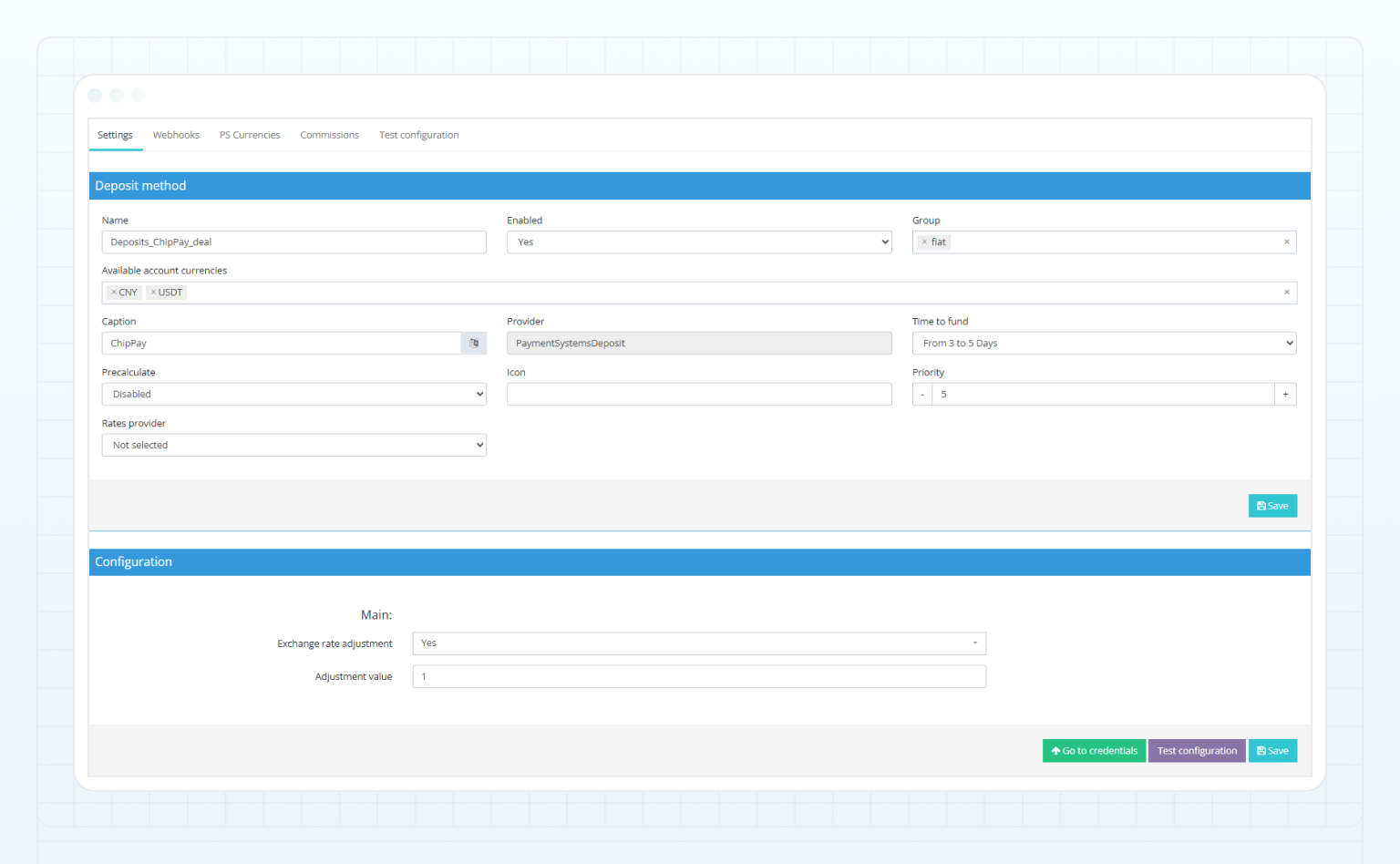 ChipPay deposit method — Settings tab