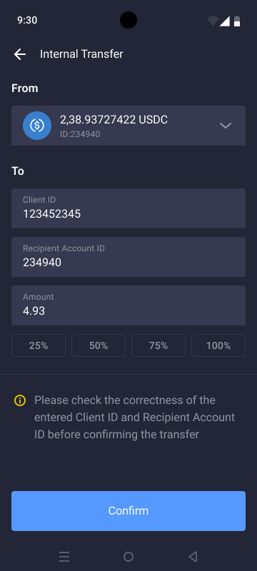 Internal transfers in the app