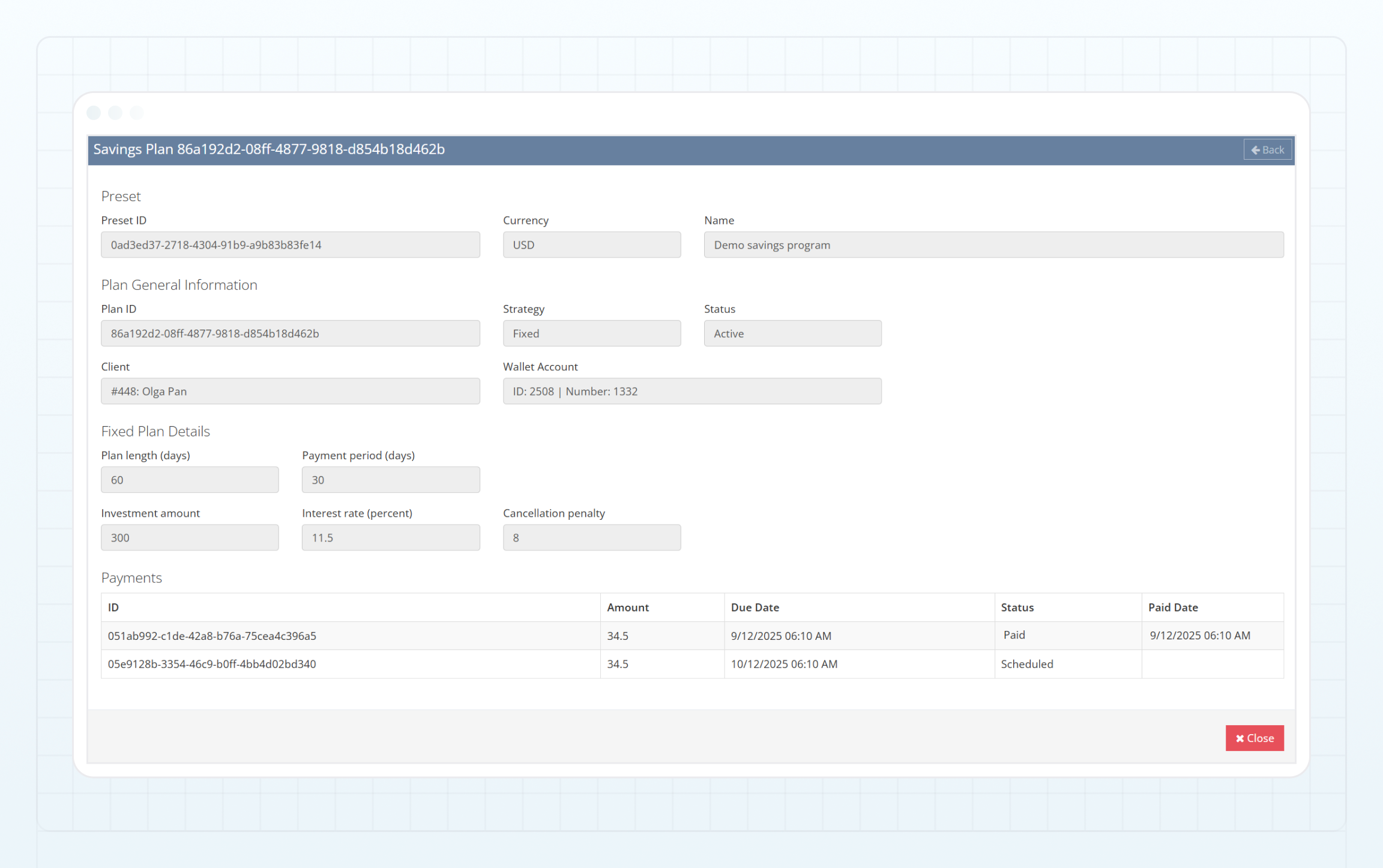 Payment details in a Fixed savings plan
