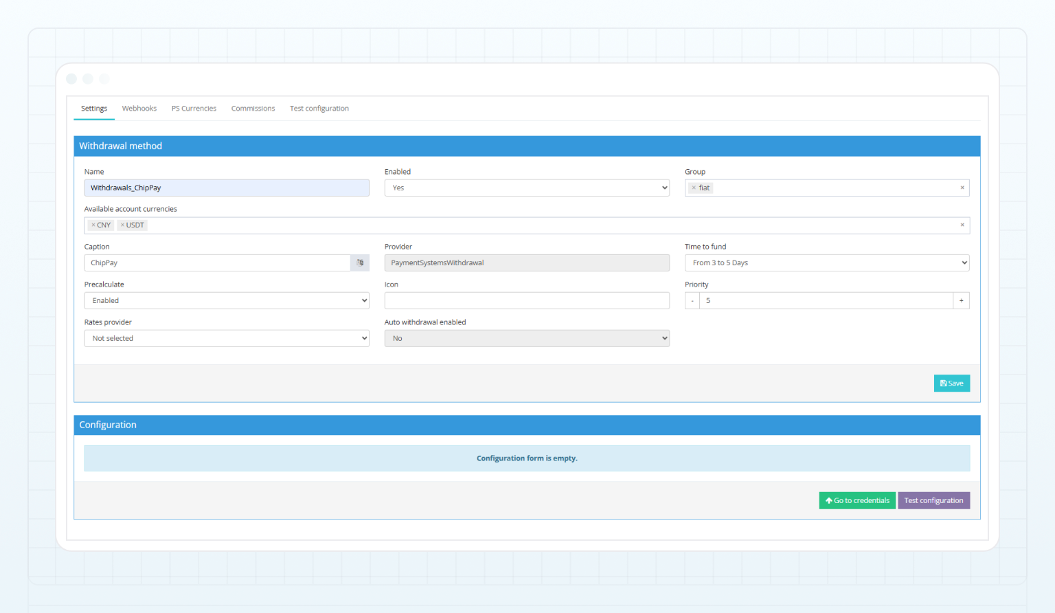 ChipPay withdrawal method — Settings tab