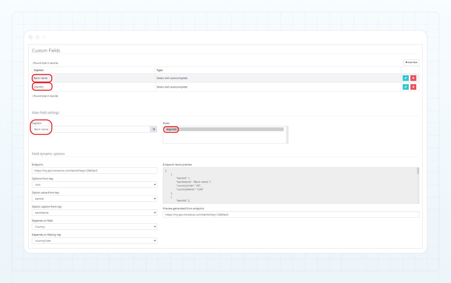 Dynamic options for custom fields
